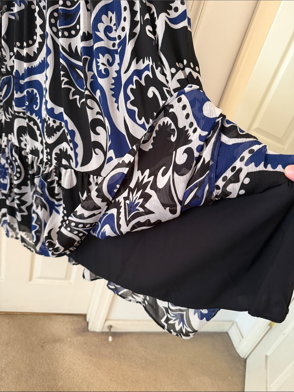 LOFT Paisley Print Long Sleeve Midi Dress - Blue, Black & White - Picture 4 of 7